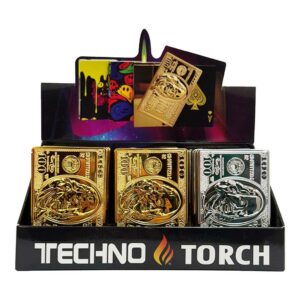 TECHNO $100 GOLD & SILVER TORCH LIGHTER 15PK